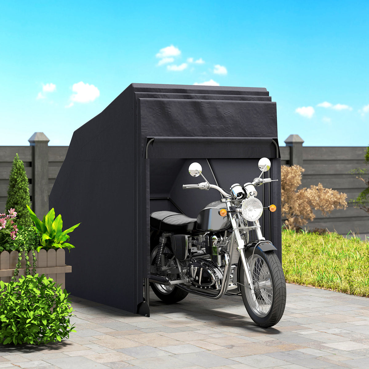 Outsunny Motorbike Shed, 345 x 135 x 191 cm Foldable Waterproof Motorcycle Storage Tent, 2 Mesh Windows, 600D Oxford, Black