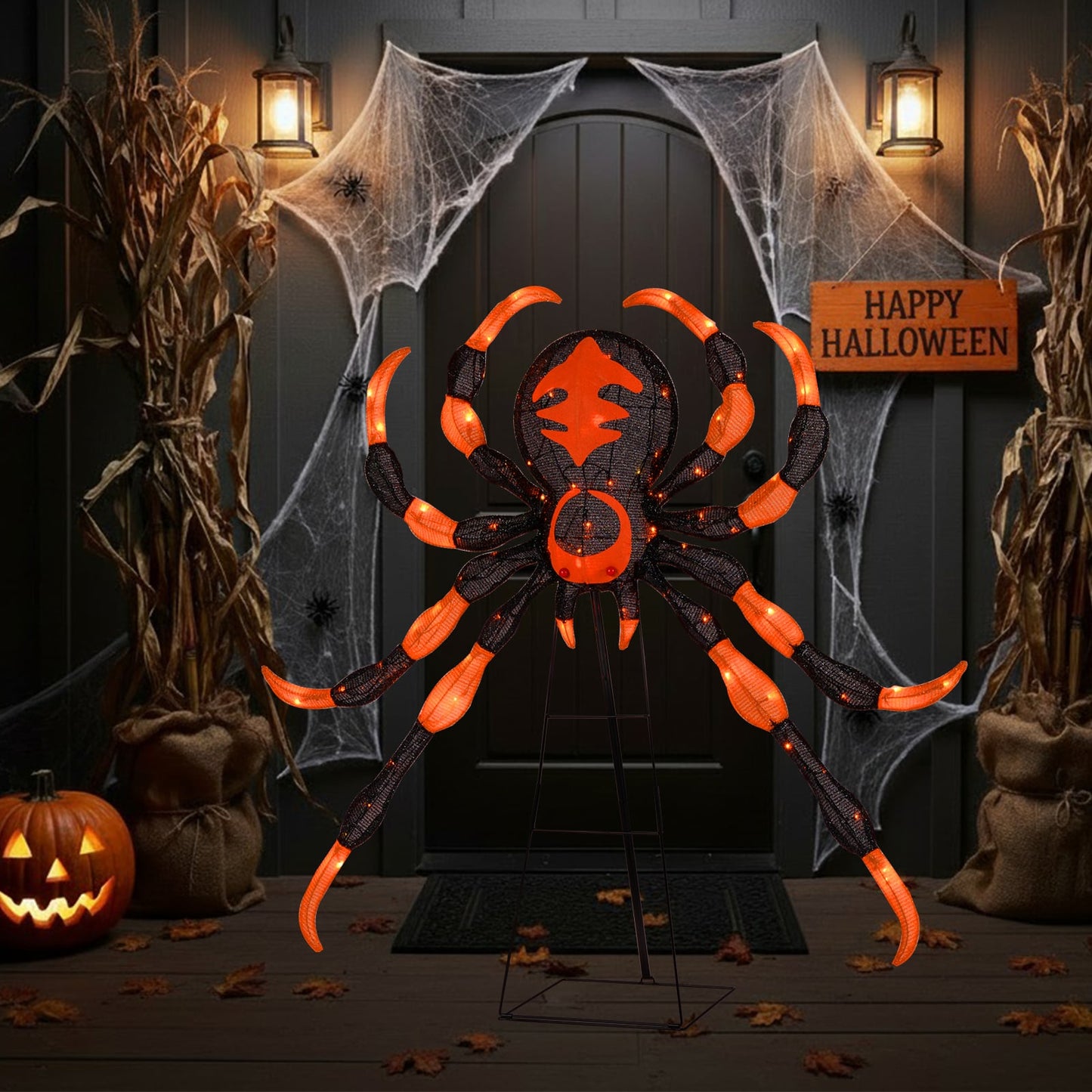 52inch Halloween Spider Decoration with 16 Flickering Warm White LEDs 64 Orange LEDs
