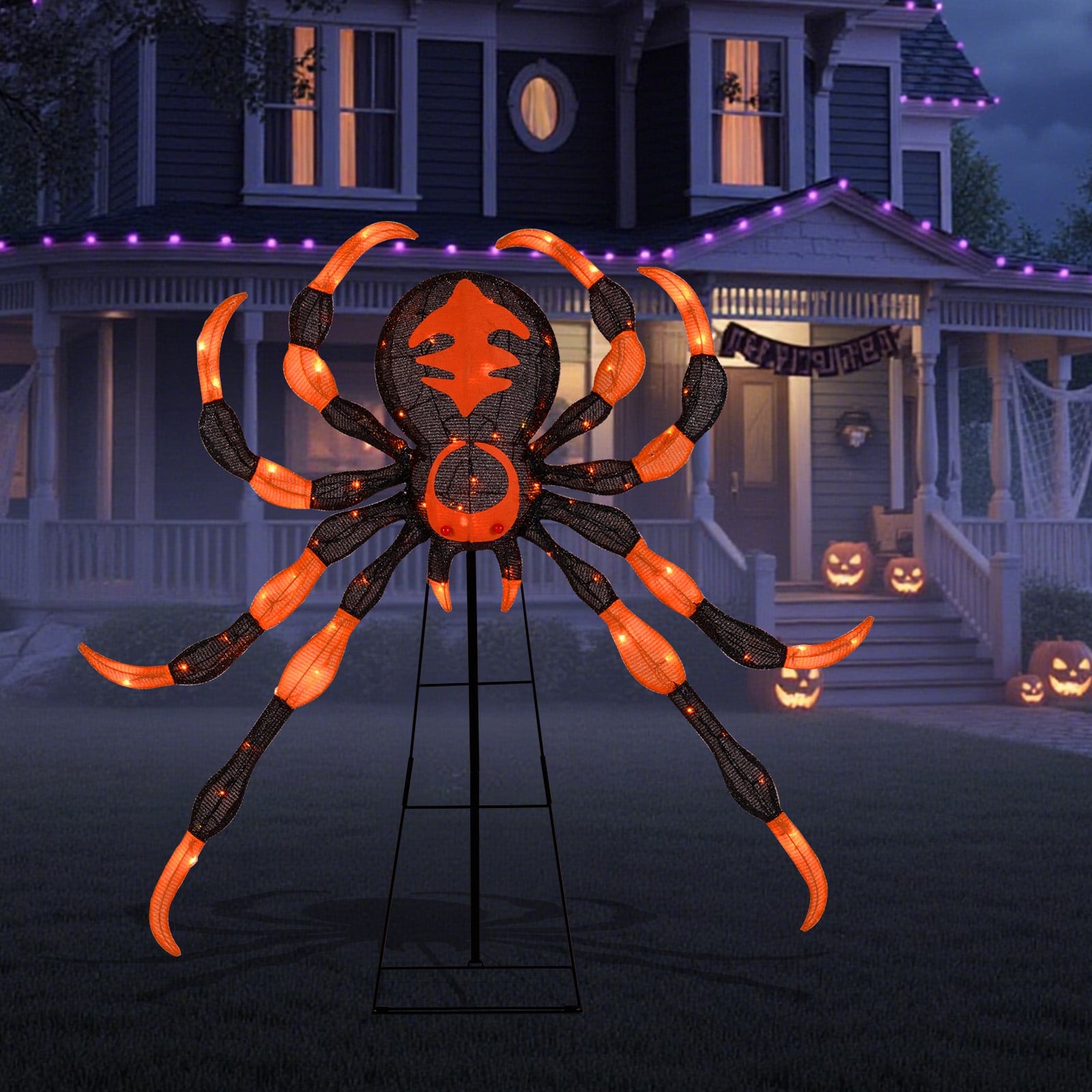 52inch Halloween Spider Decoration with 16 Flickering Warm White LEDs 64 Orange LEDs