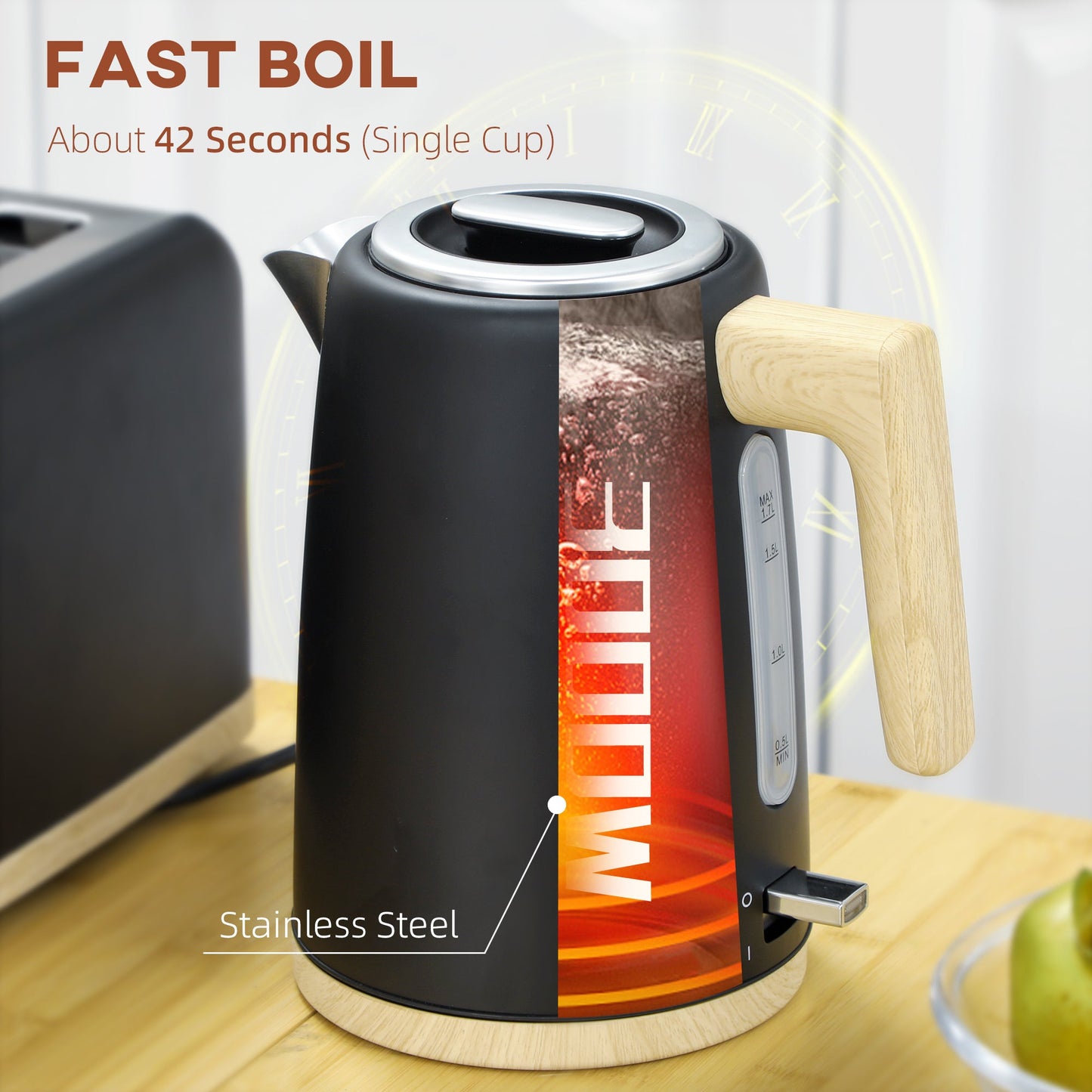 HOMCOM Stainless Steel Kettle and Toaster Set, 1.7L 3000W Fast Boil Kettle & 2 Slice Toaster Kitchen Set with 7 Level Browning Controls, Defrost, Reheat, Auto Off, Boil-dry Protection, Black