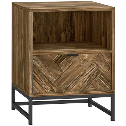 HOMCOM Bedside Table with Drawer and Shelf, Side End Table with Steel Legs for Living Room, Bedroom, Brown Wood Effect