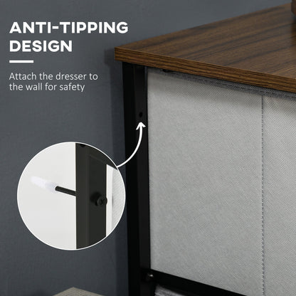 HOMCOM Fabric Chest of Drawers, Industrial Bedroom Dresser with 5 Fabric Drawers, Steel Frame and Wooden Top for Nursery, Living Room, Hallway, Grey