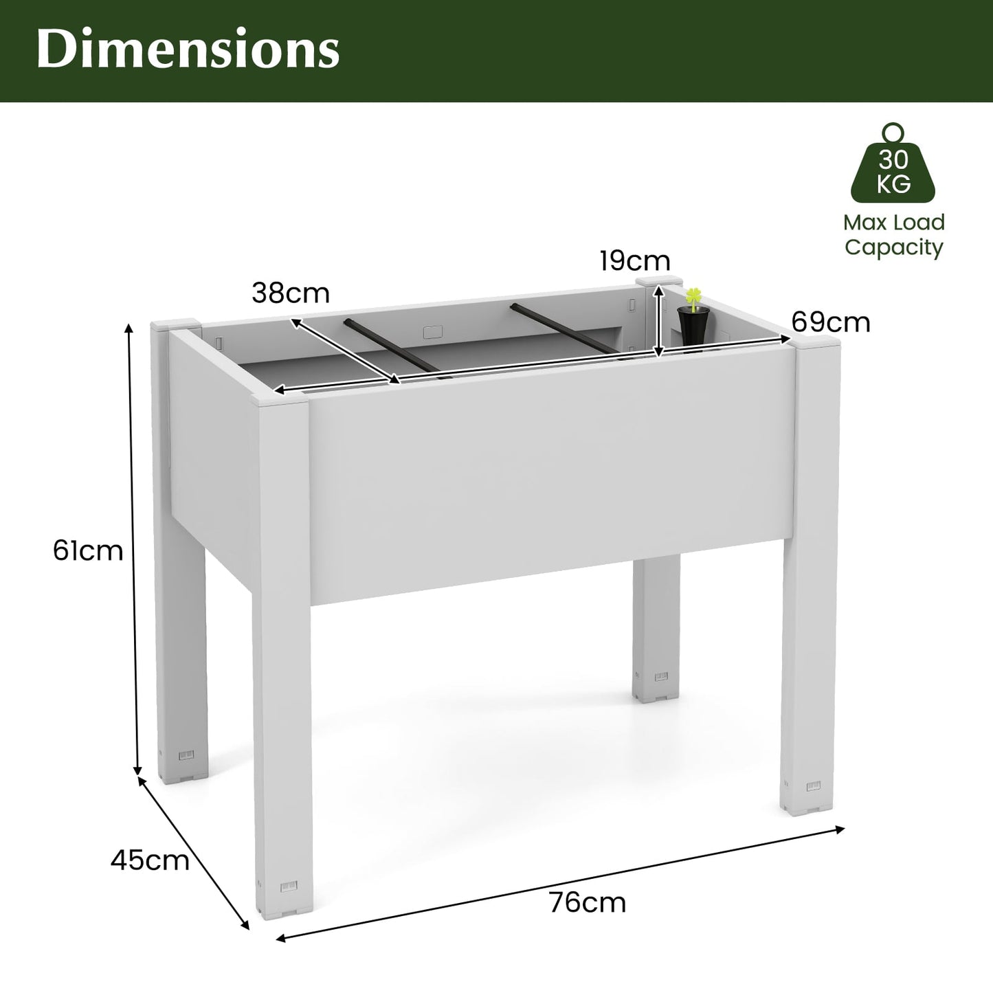 53L Raised Bed Grow Box with Water Level Monitor and Drainage Hole-White