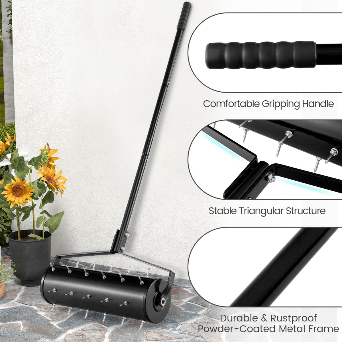 53cm Manual Lawn Aerator with 130cm Detachable Handle and Tine Spikes for Soil Loosening-Black