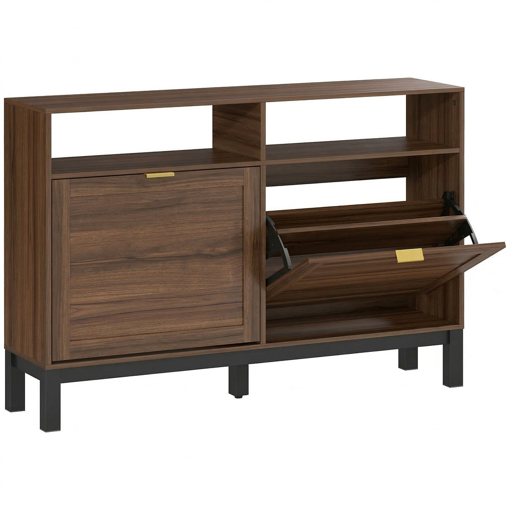 HOMCOM Shoe Cabinet with 2 Flip Drawers, Narrow Shoe Storage Top for Entryway Hallway, Rustic Brown