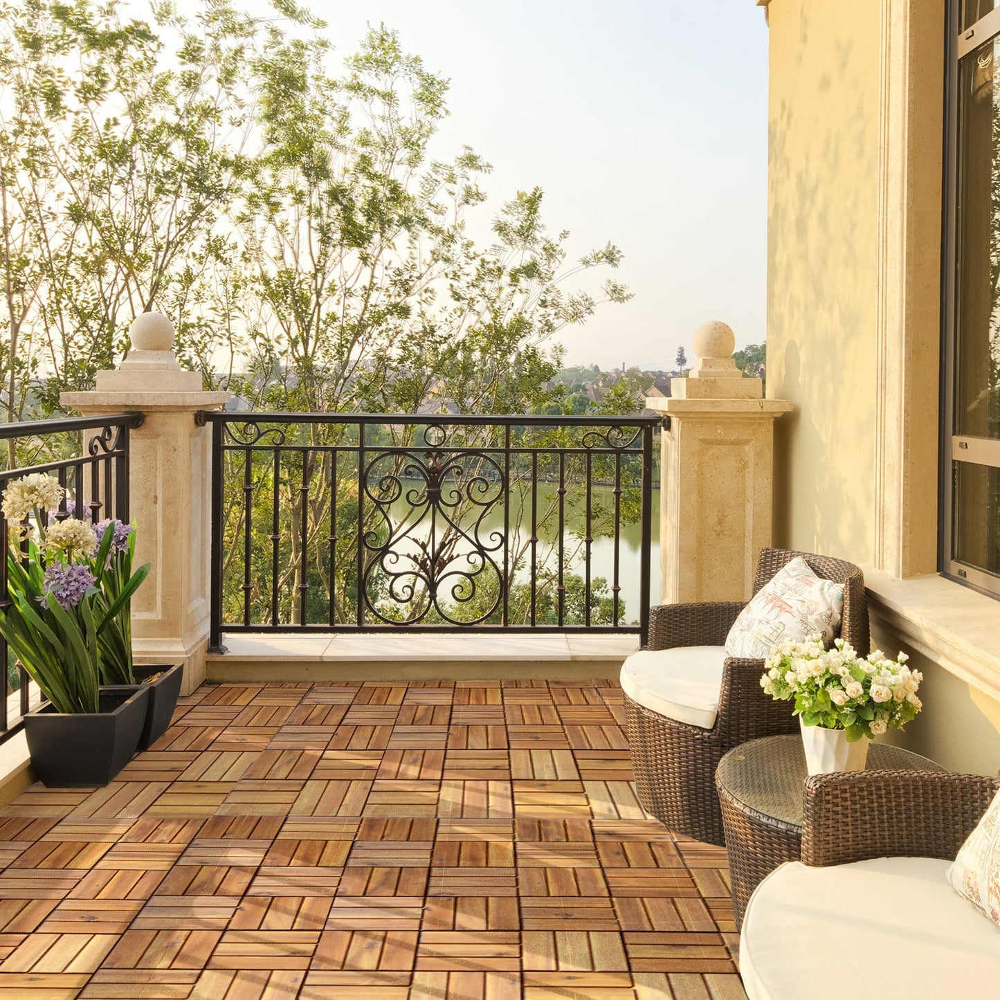 54 Pieces Acacia Wood Interlocking Patio Deck Tile with No-Tool Install