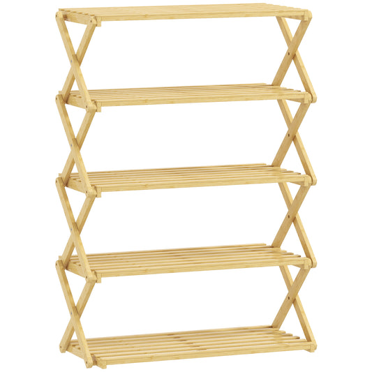 HOMCOM Five-Tier Folding Bamboo Shoe Rack - Natural Finish