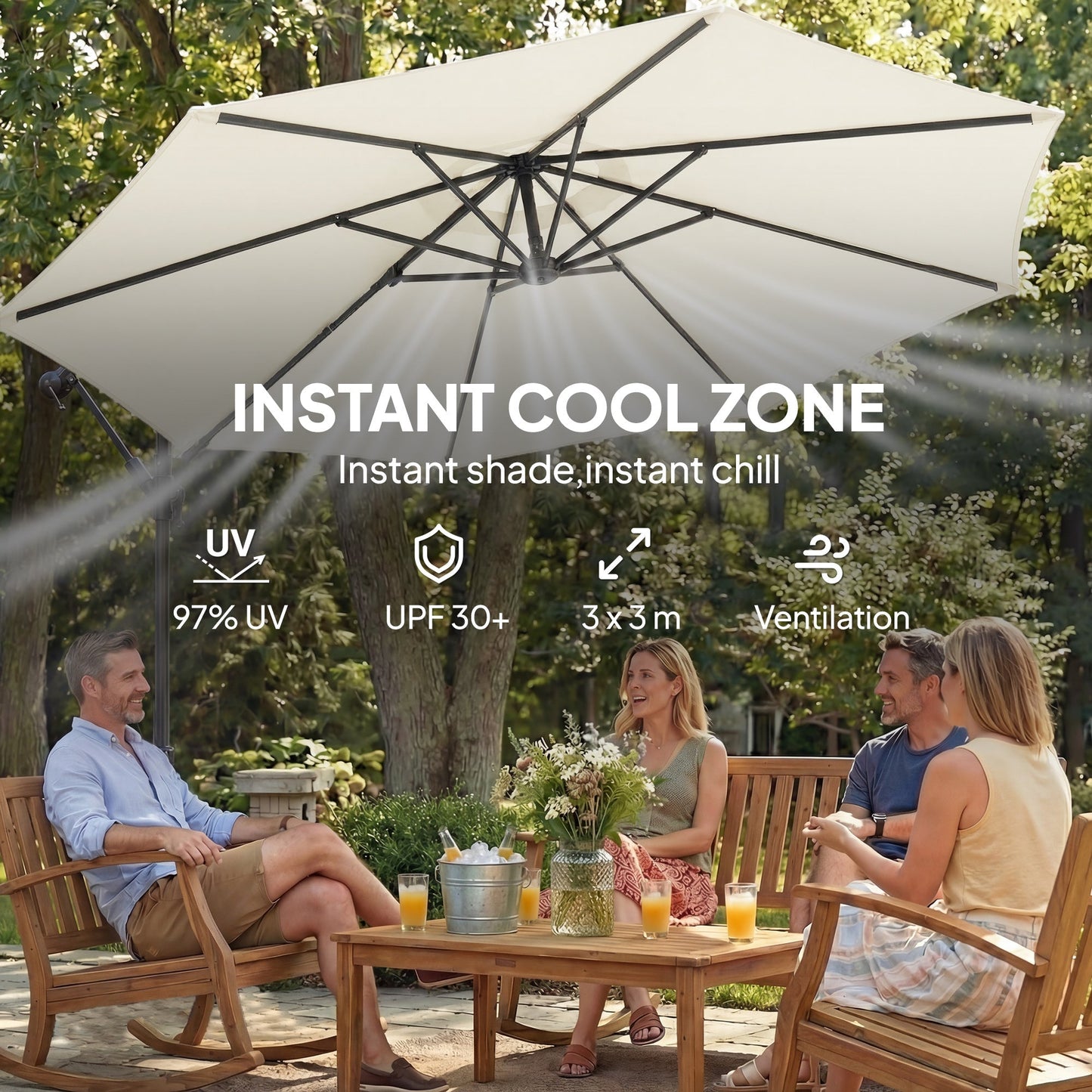 Outsunny 3 m Garden Cantilever Parasol with Cross Base, Sandbag, 360 degrees Rotating Overhanging Banana Umbrella, Cream White