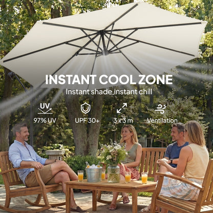 Outsunny 3 m Garden Cantilever Parasol with Cross Base, Sandbag, 360 degrees Rotating Overhanging Banana Umbrella, Cream White