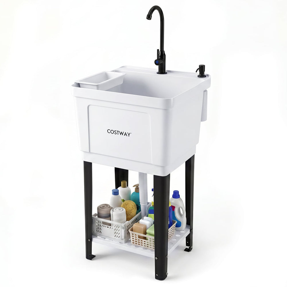55L Utility Sink Laundry Tub with Rotating Faucet Storage Shelf Drip Tray Adjustable Legs-S