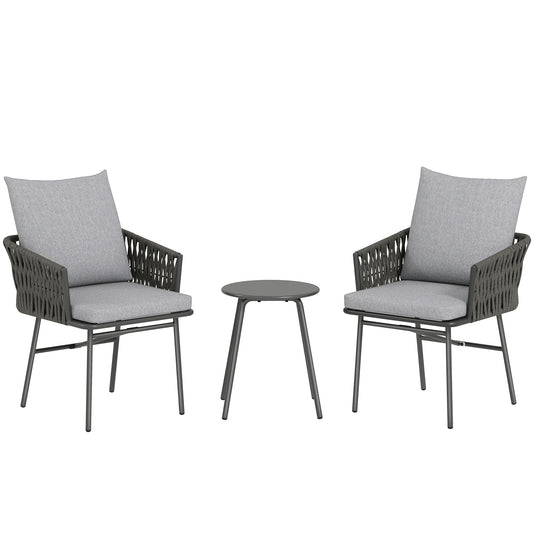 Outsunny 3-Piece Rattan Bistro Set, Garden Table and Chairs with 4 Cushions, Patio Rattan Conversation Furniture Set for Balcony, Porch, Terrace, Grey