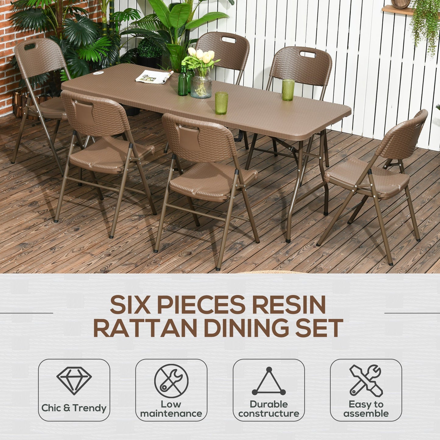Outsunny 6 Seater Garden Dining Set, Rattan-Style HDPE Garden Furniture Set, Outdoor Dining Table and Chairs with 6 Armchairs and Rectangular Plastic Top Table for Patio, Balcony, Dark Brown
