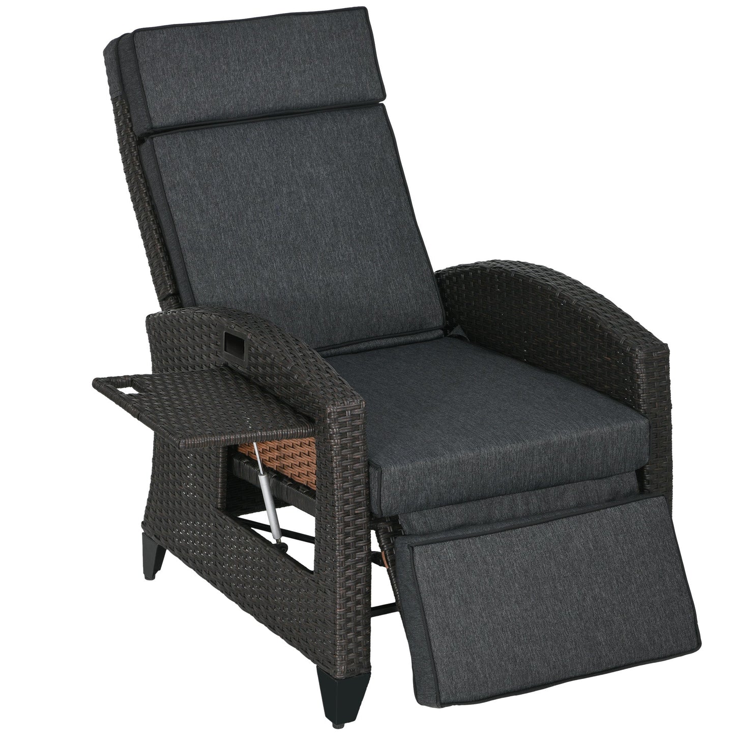 Outsunny Outdoor Recliner Chair with Adjustable Backrest and Footrest, Cushion, Side Tray, Dark Grey/Brown