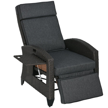 Outsunny Outdoor Recliner Chair with Adjustable Backrest and Footrest, Cushion, Side Tray, Dark Grey/Brown