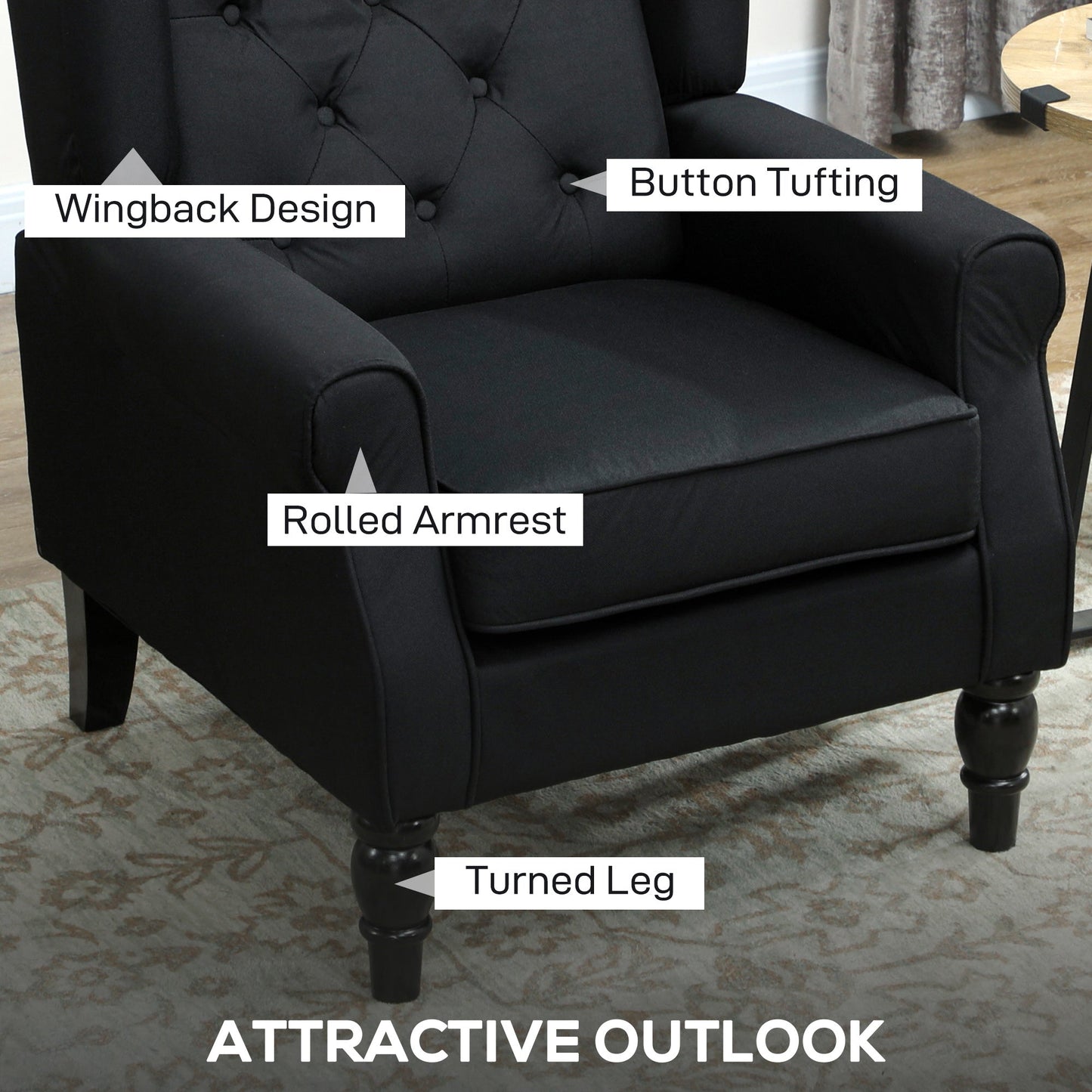 HOMCOM Retro Accent Chair, Linen Wingback Armchair with Wood Frame Button Tufted Design for Living Room Bedroom, Black