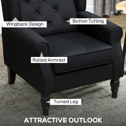 HOMCOM Retro Accent Chair, Linen Wingback Armchair with Wood Frame Button Tufted Design for Living Room Bedroom, Black