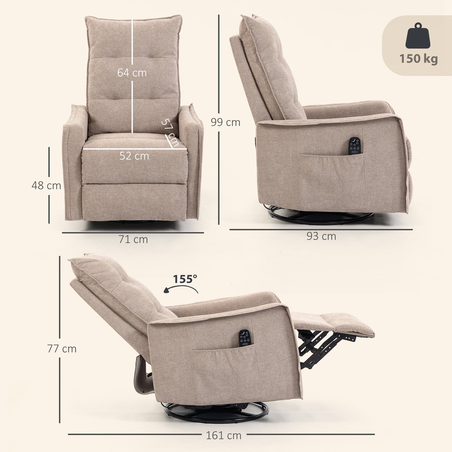 HOMCOM Recliner Armchair, Chenille Recliner Chair with Massage and Heat, 360Â° Swivel Rocking Manual Recliner, Brown