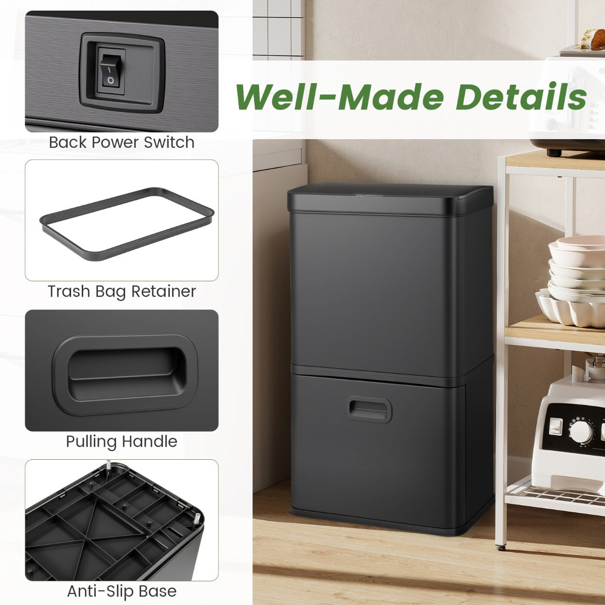 56L Stainless Steel Trash Can Touchless Recycling Garbage Bin-Black