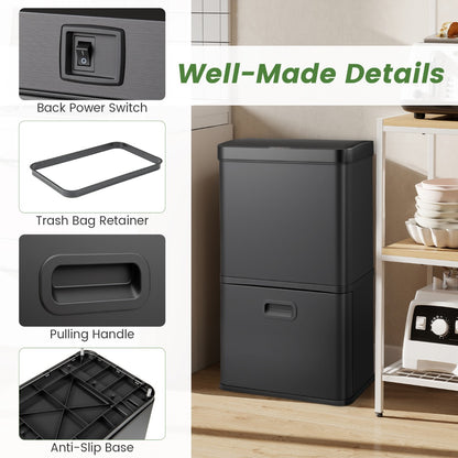 56L Stainless Steel Trash Can Touchless Recycling Garbage Bin-Black