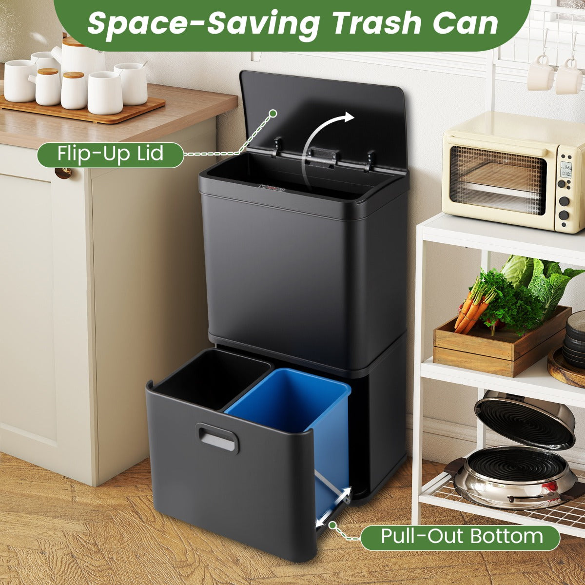 56L Stainless Steel Trash Can Touchless Recycling Garbage Bin-Black