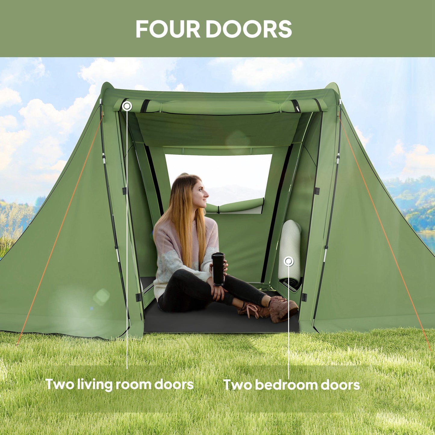 Outsunny 3 Man Camping Tent with Living Area and 2 Bedrooms, 3000mm Waterproof Family Tent with Sewn-in Groundsheet and bag, Portable Dome Shelter for Hiking, Festival, Backpacking, Green