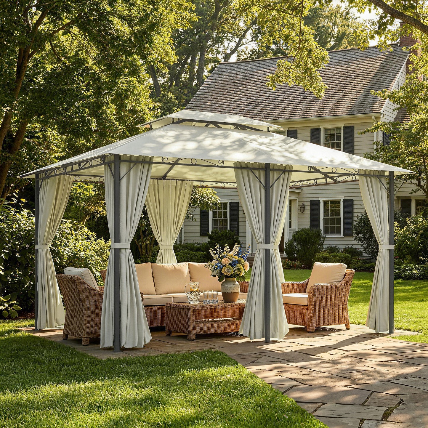 Outsunny 4m x 3(m)Garden Gazebo, Double Roof Outdoor Gazebo Canopy Shelter with Curtains, Solid Steel Frame for Lawn and Deck, Beige