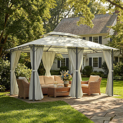Outsunny 4m x 3(m)Garden Gazebo, Double Roof Outdoor Gazebo Canopy Shelter with Curtains, Solid Steel Frame for Lawn and Deck, Beige