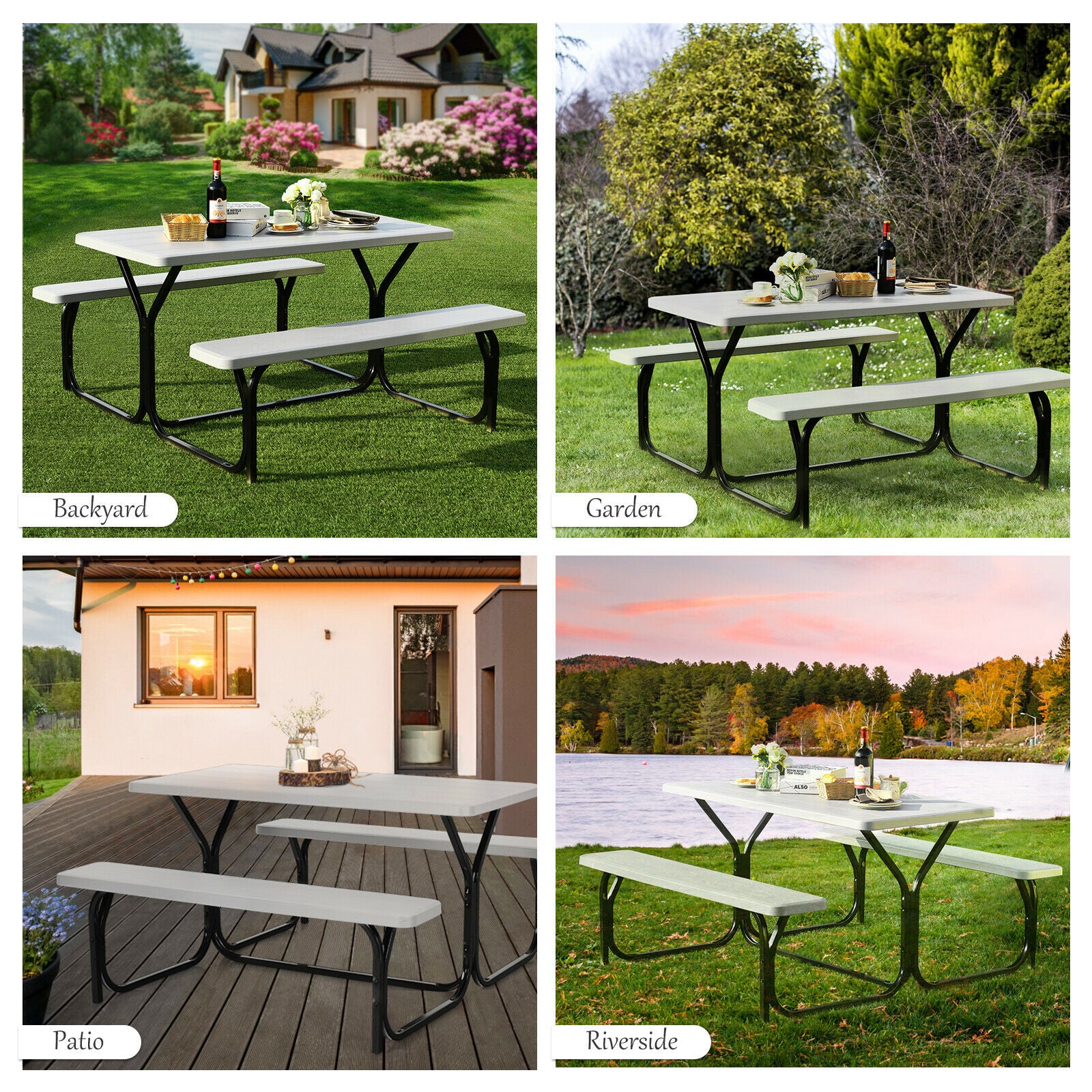 Picnic Table Bench Set with Metal Base Wood for Outdoor-White