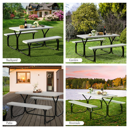 Picnic Table Bench Set with Metal Base Wood for Outdoor-White