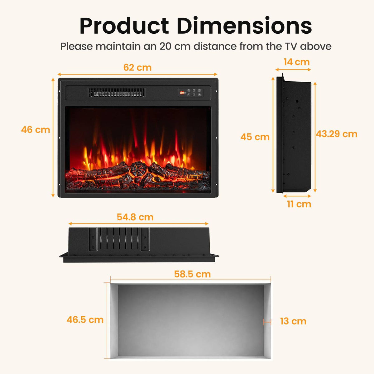62 cm Electric Fireplace Insert with Low Noise and Remote Control Touch Panel