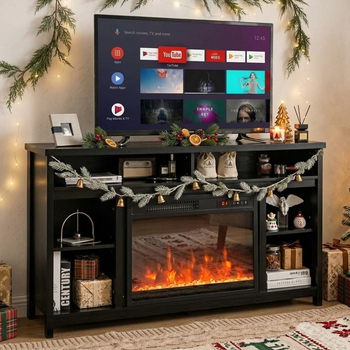 58 Inch TV Stand and Electric Fireplace Bundle with Adjustable Shelves