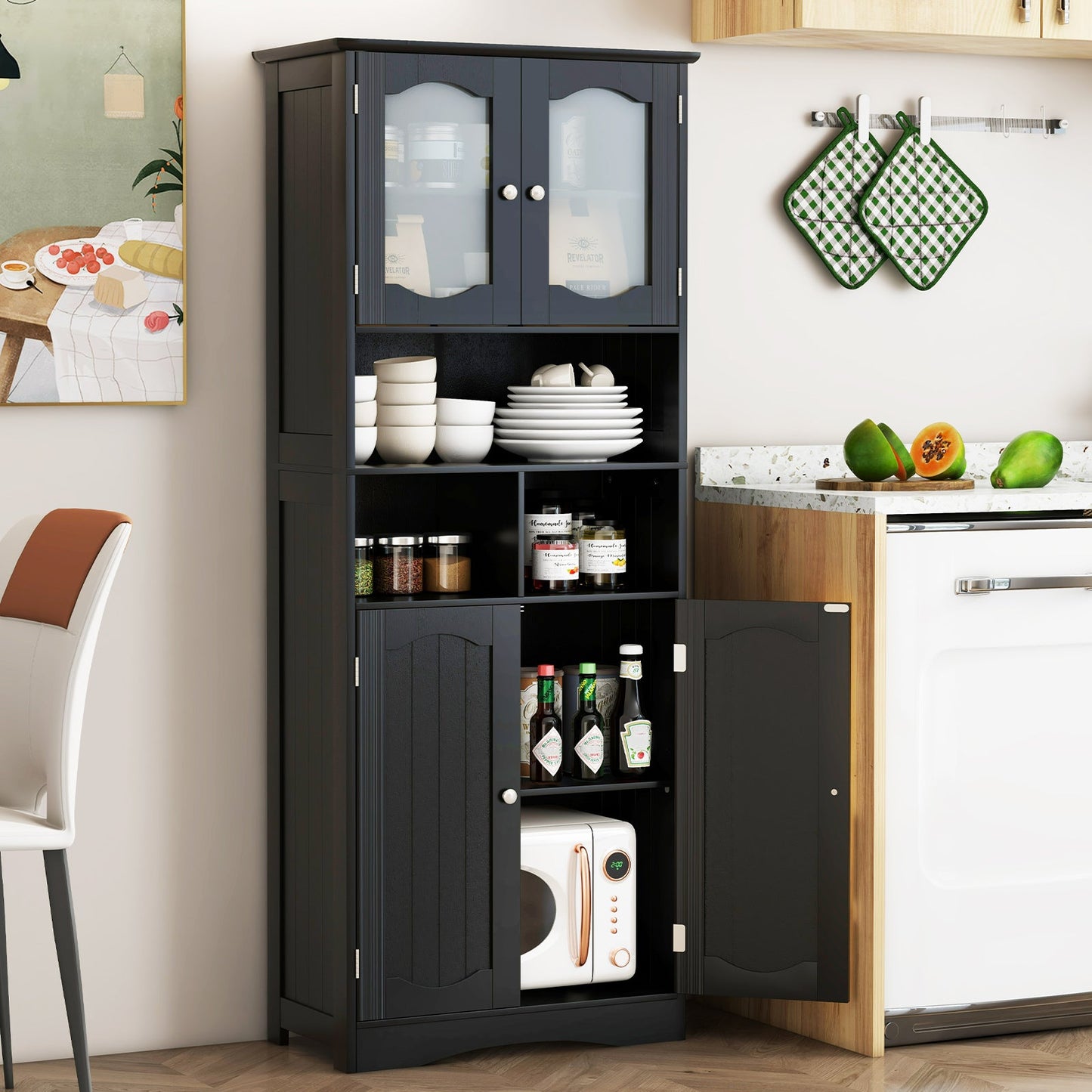 58.5 Inch Freestanding Linen Bathroom Storage Cabinet with Frost Glass Doors-Black