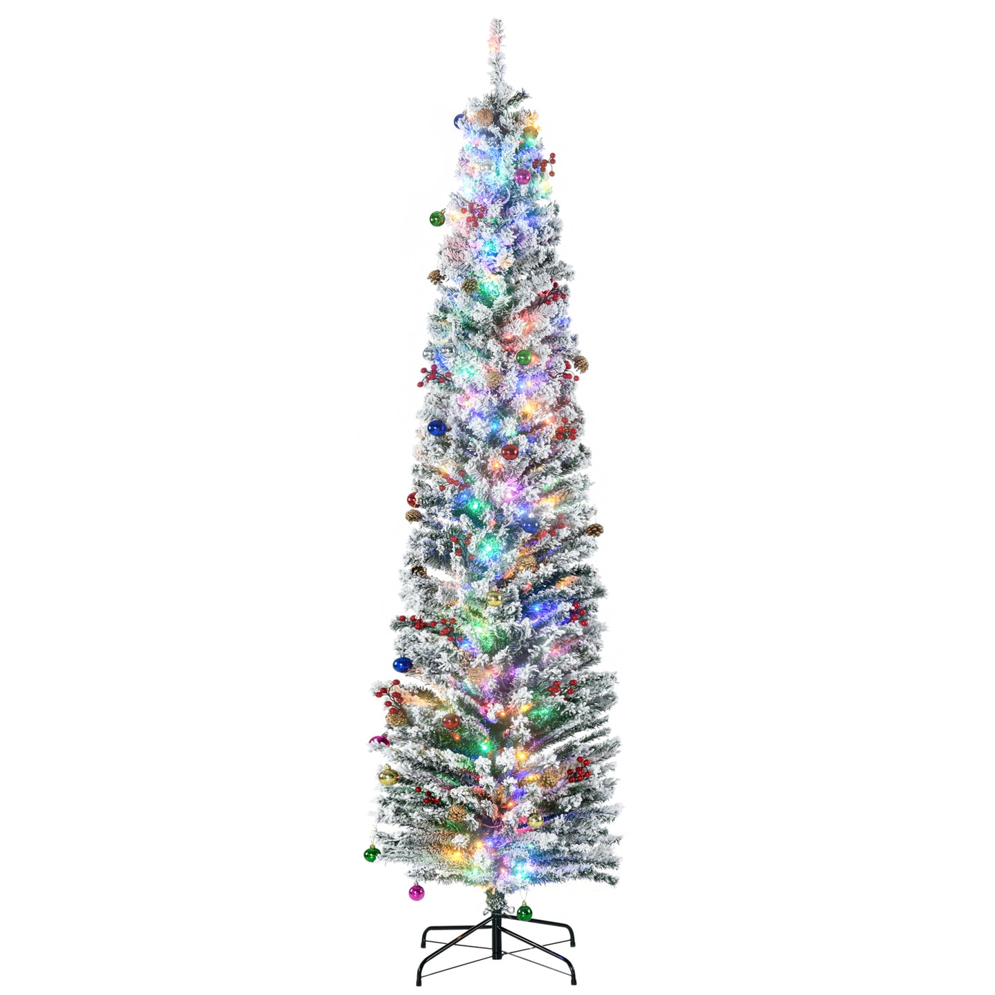 HOMCOM 7.5' Artificial Prelit Christmas Trees Holiday DÃ©cor with Colourful LED Lights, Flocked Tips, Berry, Pine Cone