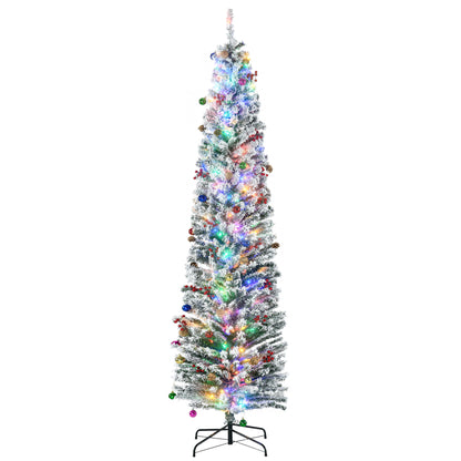 HOMCOM 7.5' Artificial Prelit Christmas Trees Holiday DÃ©cor with Colourful LED Lights, Flocked Tips, Berry, Pine Cone