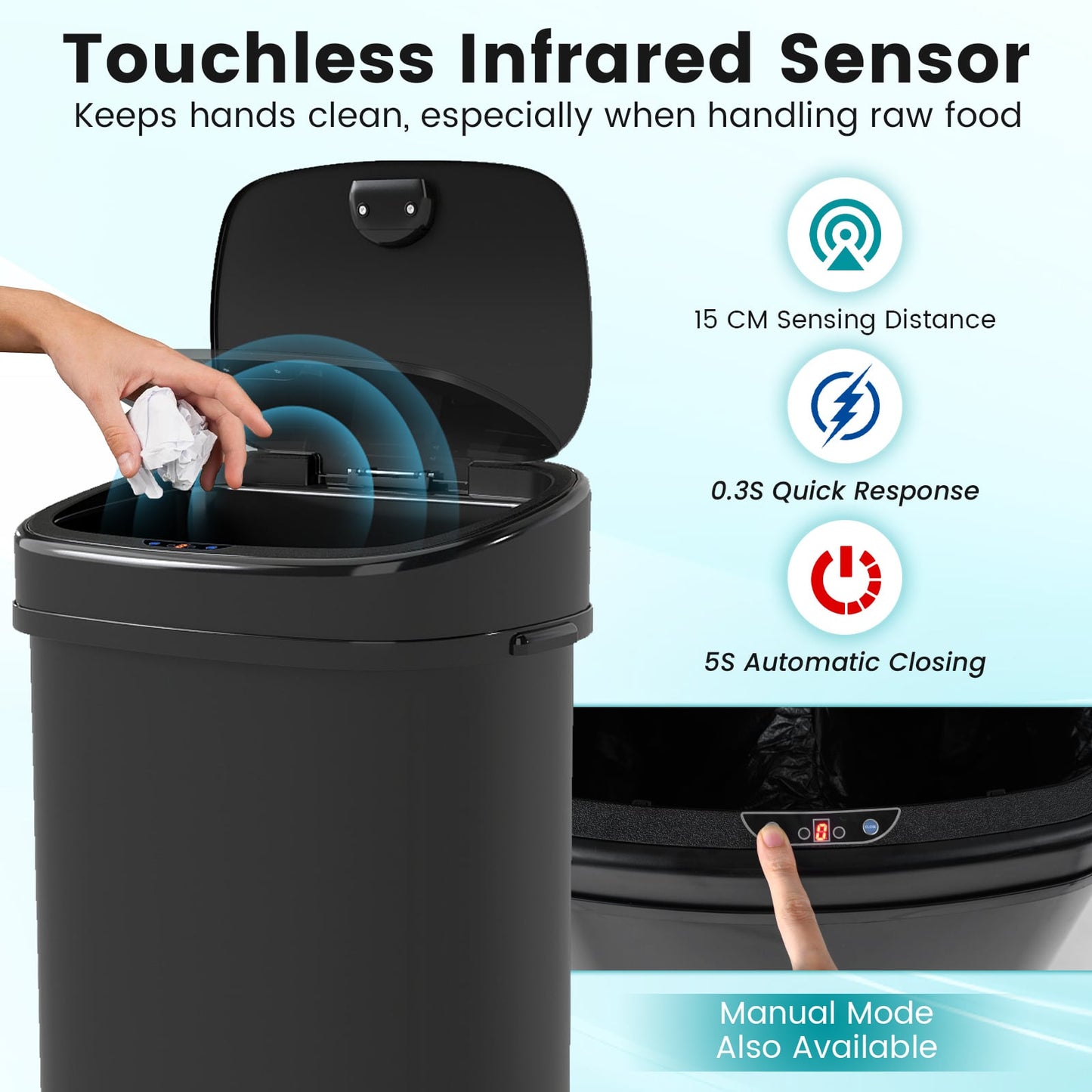 58L Trash Can with Dual-Zone Design Automatic Touchless Waste Bin-Black