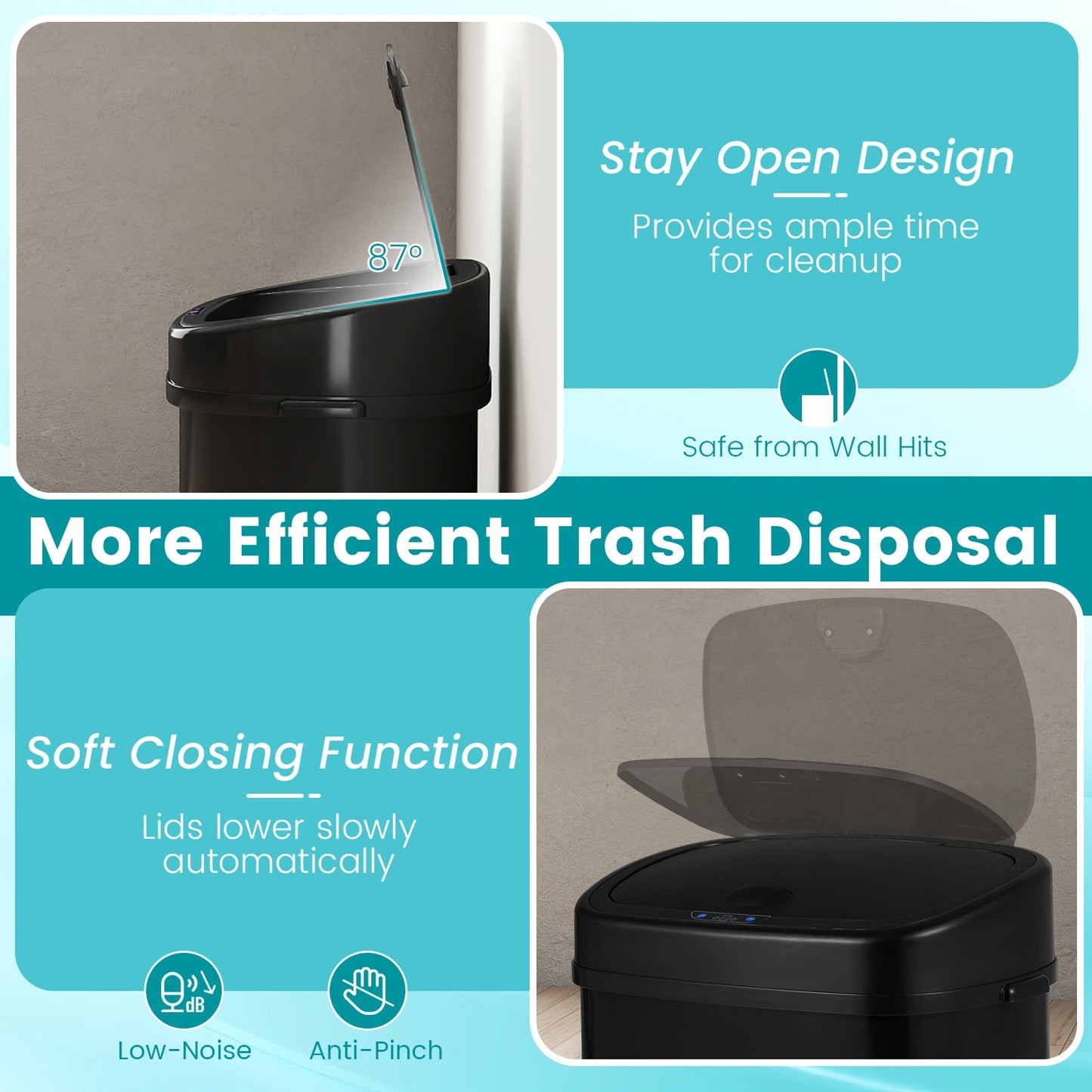 58L Trash Can with Dual-Zone Design Automatic Touchless Waste Bin-Black