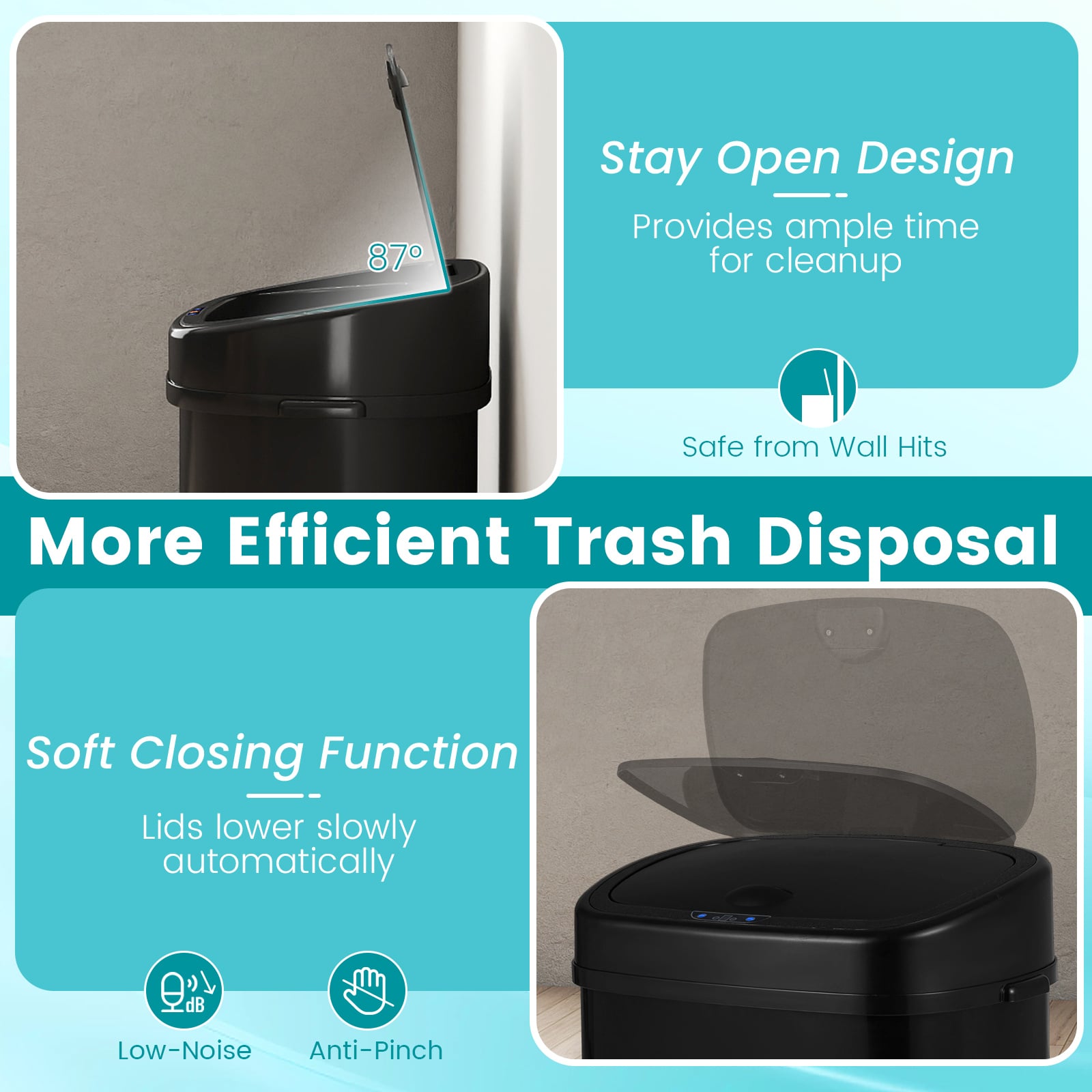 58L Trash Can with Dual-Zone Design Automatic Touchless Waste Bin-Black
