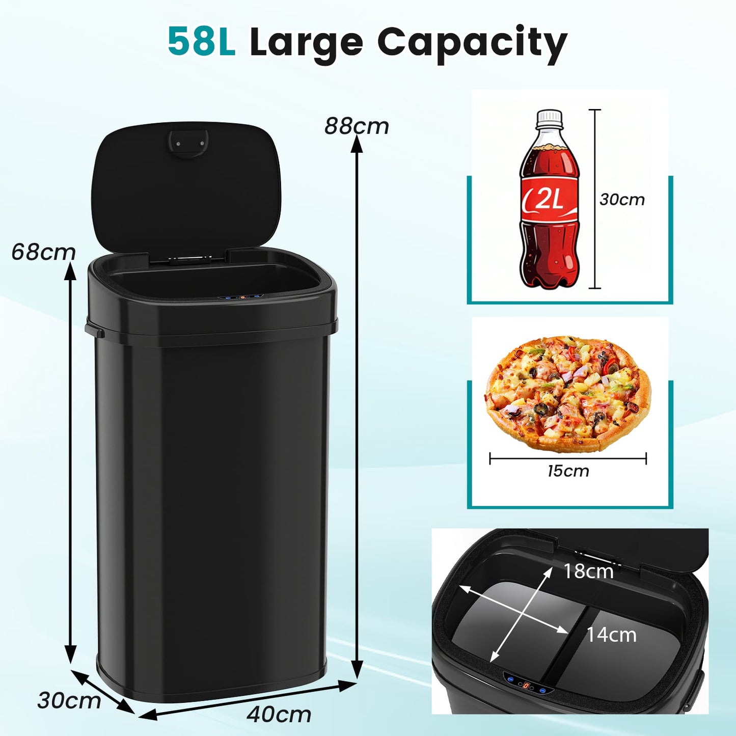 58L Trash Can with Dual-Zone Design Automatic Touchless Waste Bin-Black