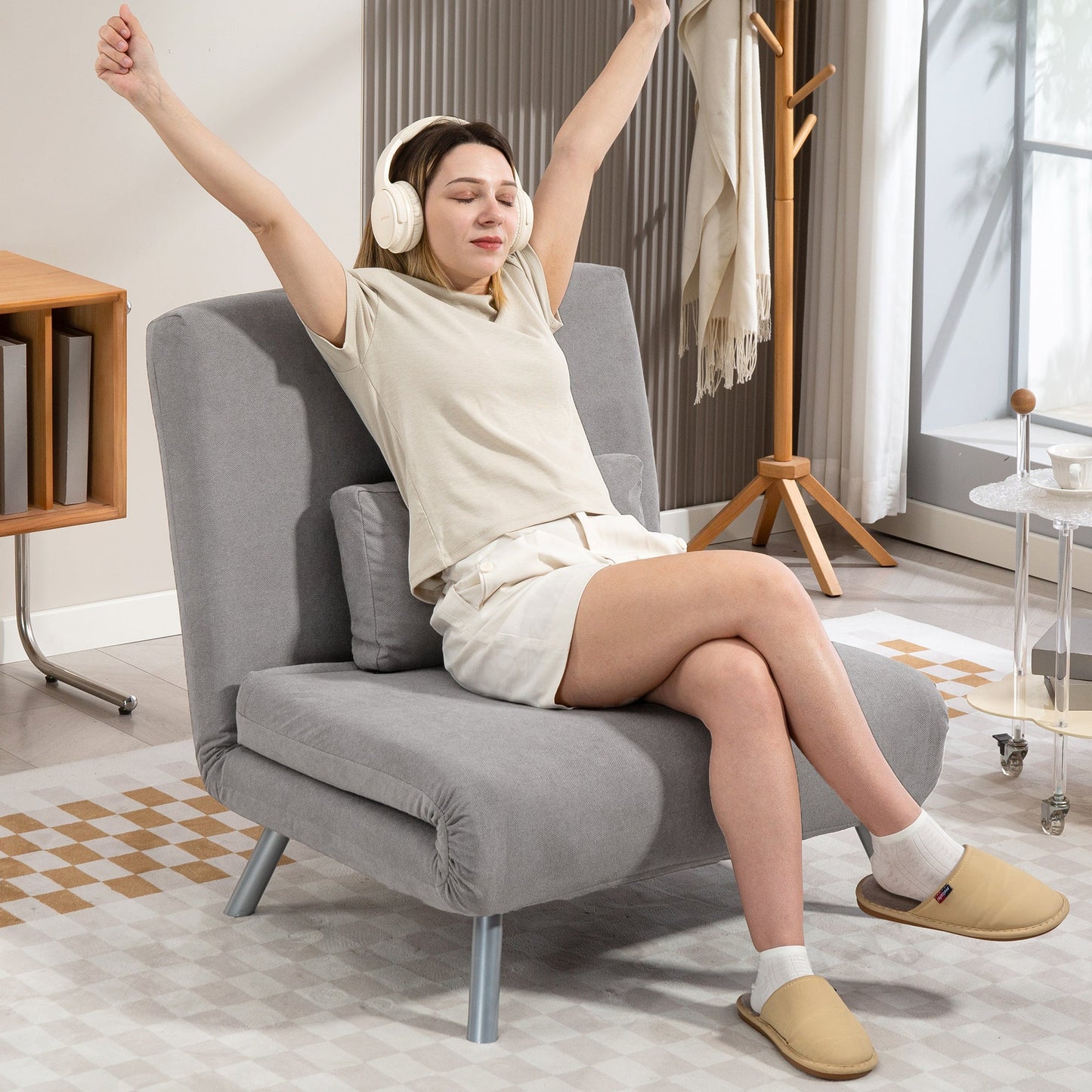 HOMCOM Single Velvet-Feel Chair Bed - Grey