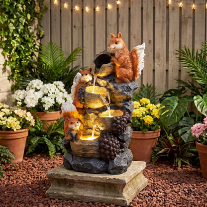 59 cm Outdoor Water Fountain with 3 LED Lights and Pump 4-Tier with Squirrels
