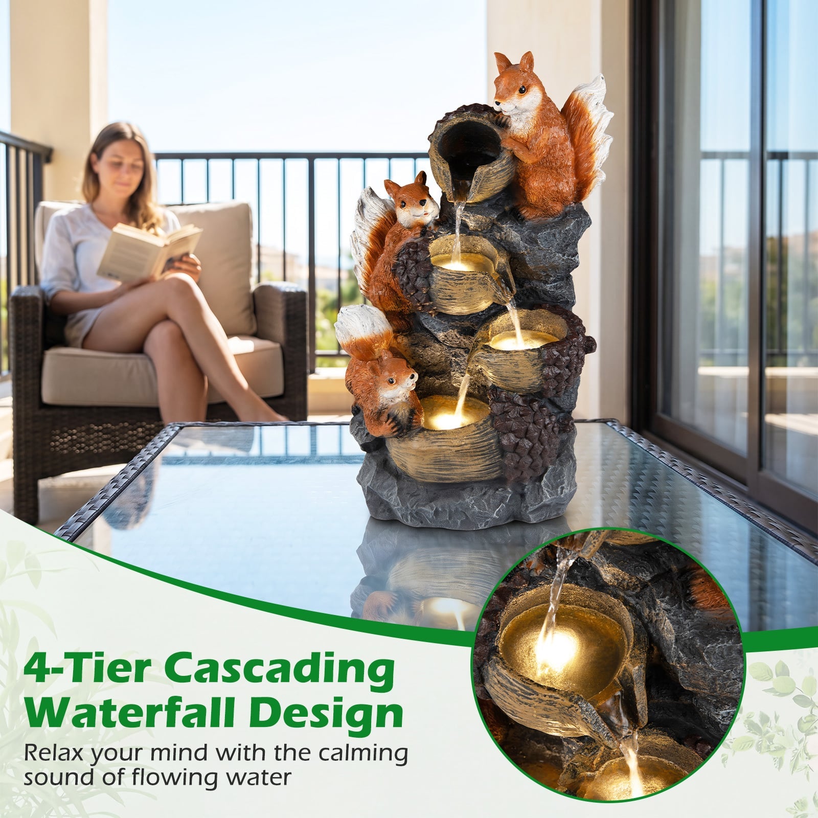 59 cm Outdoor Water Fountain with 3 LED Lights and Pump 4-Tier with Squirrels