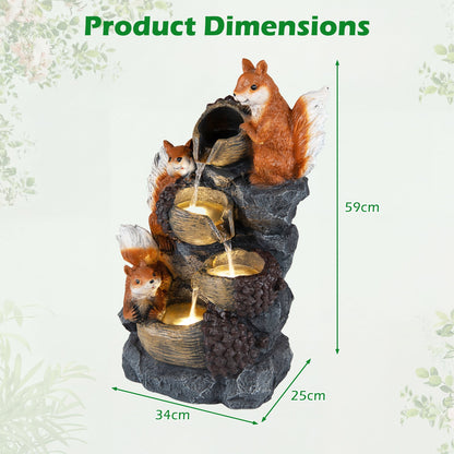 59 cm Outdoor Water Fountain with 3 LED Lights and Pump 4-Tier with Squirrels