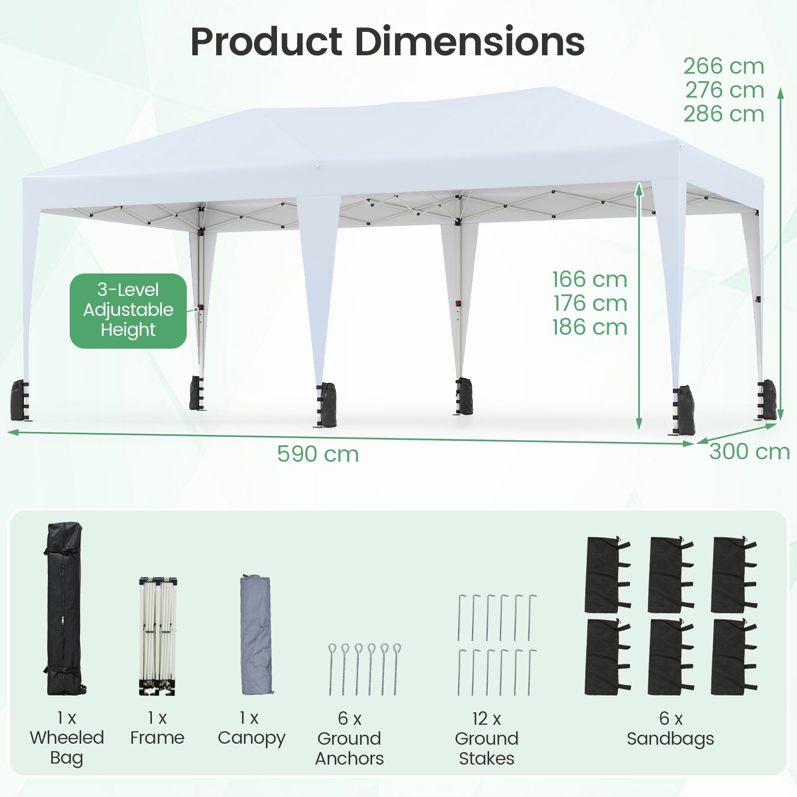 590 x 300 CM Outdoor Pop up Canopy Tent with Wheeled Bag-White