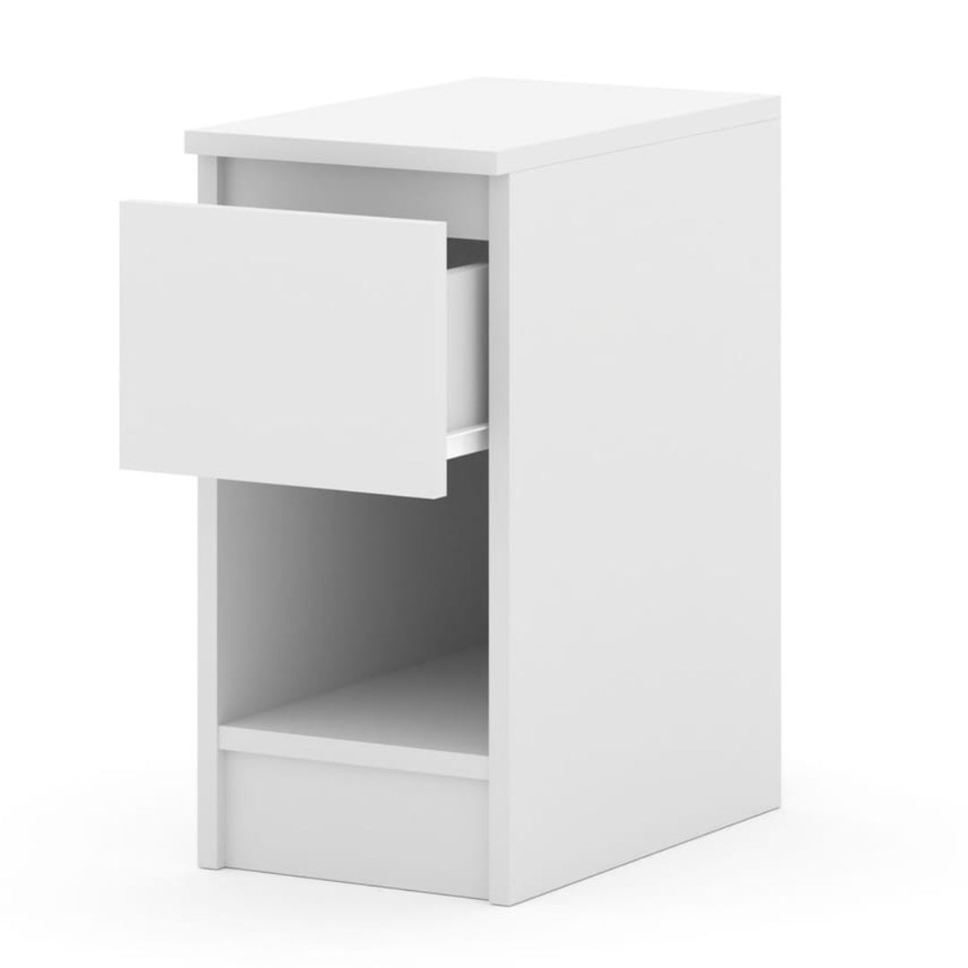 White nightstand with a drawer on a white background