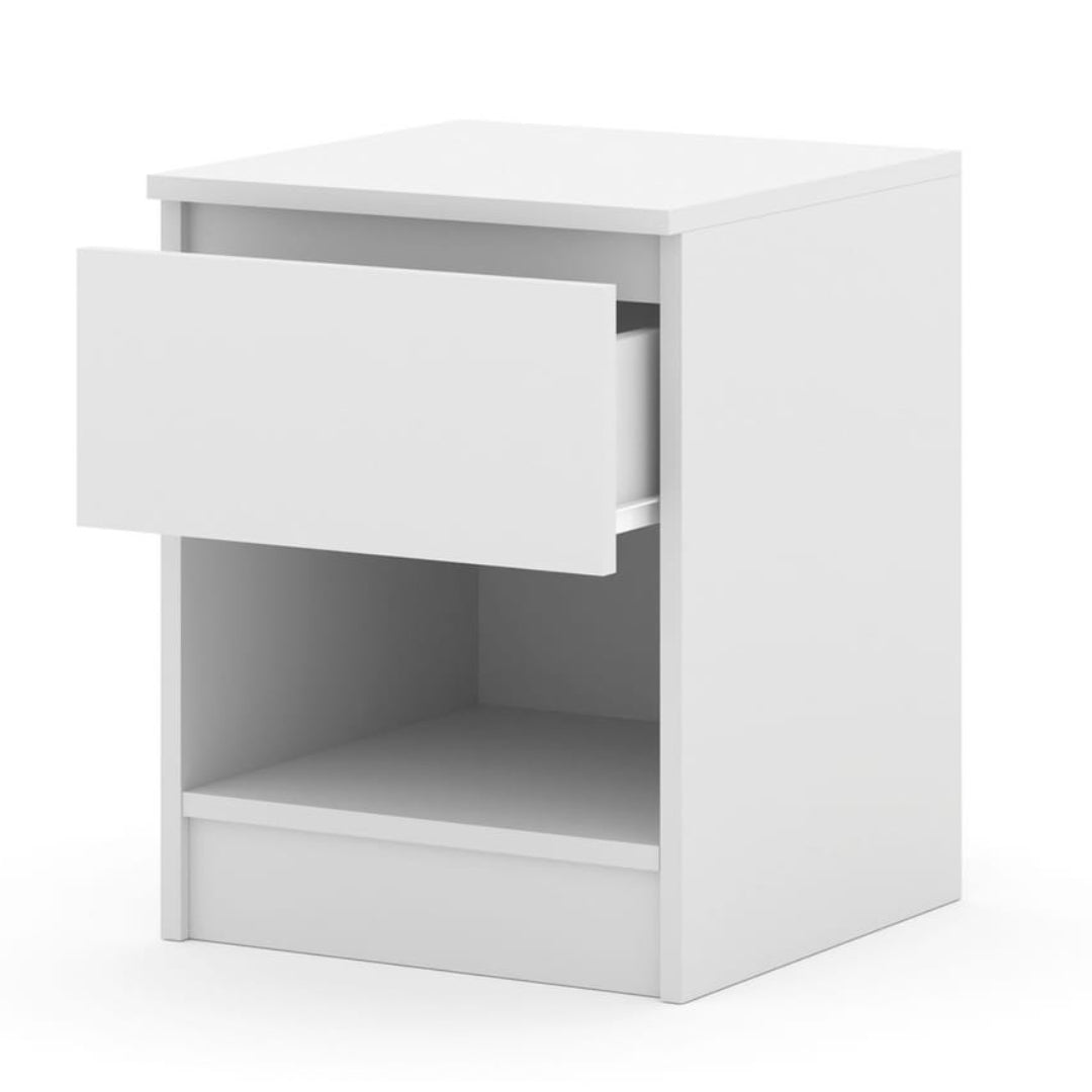 White nightstand with a drawer on a white background