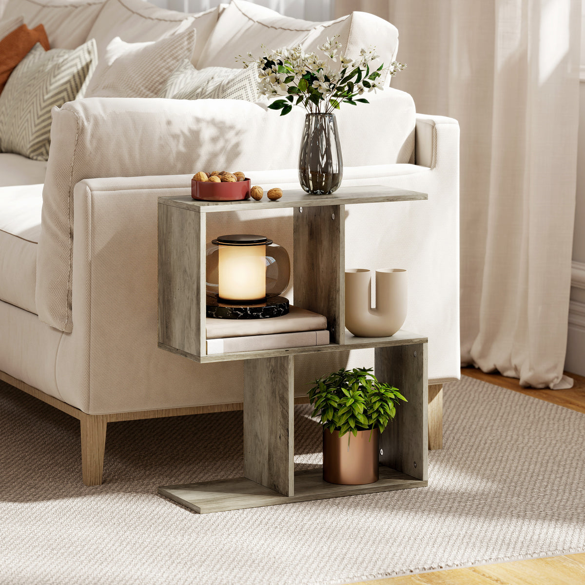 HOMCOM Side Table, Narrow End Table with Storage Shelves, S-Shaped, 3-Tier, 50W x 19.5D x 58H cm, Grey