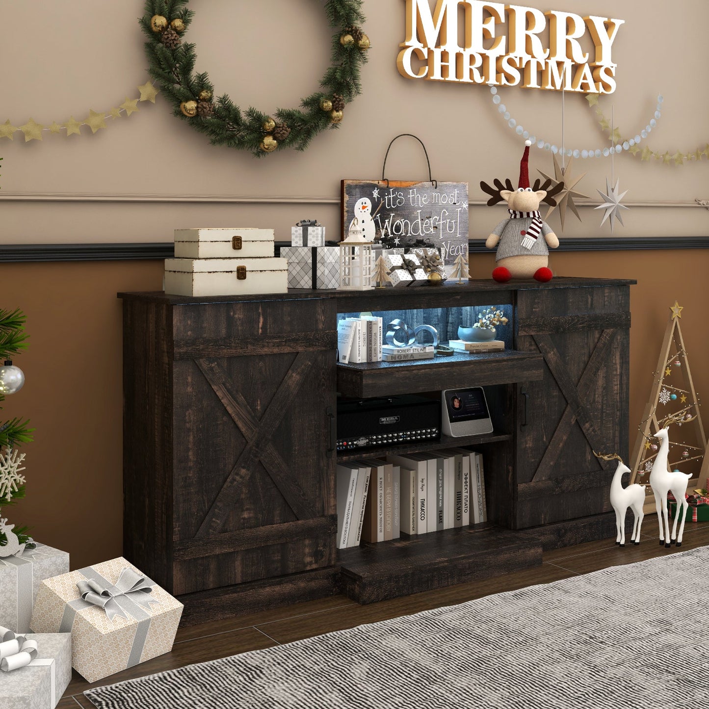 58 Inches TV stand for TVs up to 65 Inches with 20 Color Led Lights-Coffee