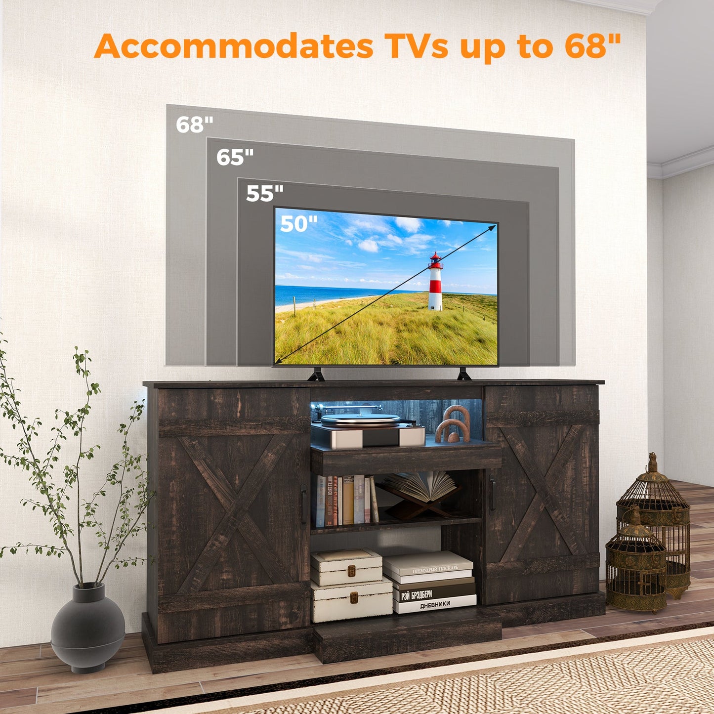 58 Inches TV stand for TVs up to 65 Inches with 20 Color Led Lights-Coffee