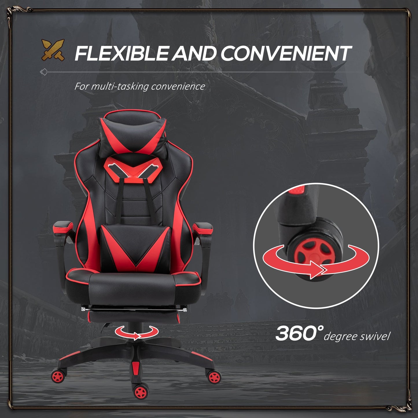 Vinsetto Computer Gaming Chair, Racing Desk Chair with Lumbar Support and Footrest, PU Leather Gamer Chair with Headrest and Swivel Wheels for Home, Red