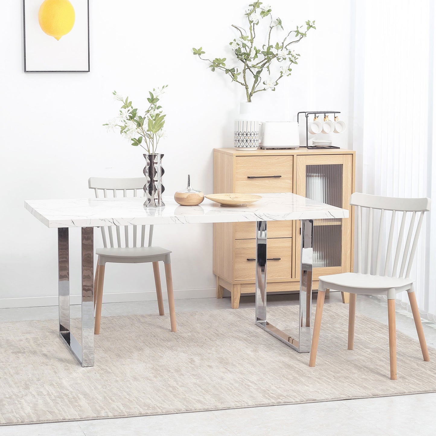 HOMCOM Modern Dining Room Table Rectangular Kitchen Table for 6-8 People with Marble Effect Tabletop Steel Legs 160 cm White